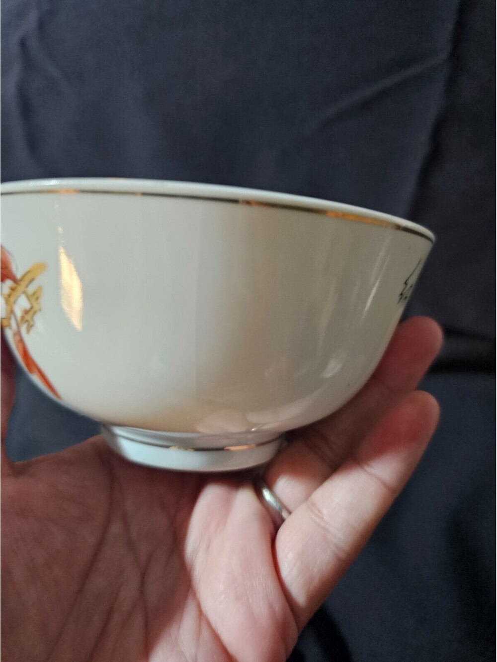 Vintage Porcelain Rice Soup Bowl White With Gold Trim 2.5" China Leaves Nature - Picture 3 of 10